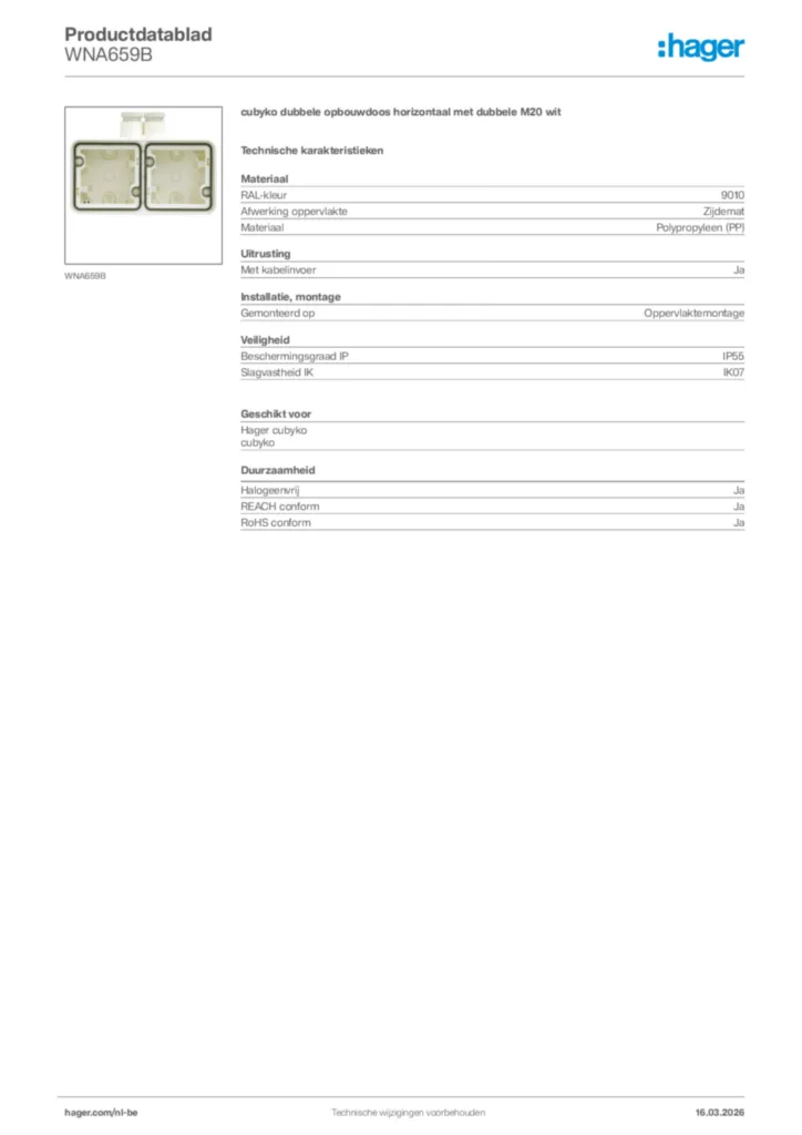 Afbeelding Hager Productdatablad WNA659B | Hager Belgium