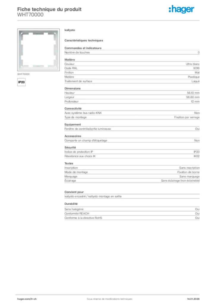 Image Hager Fiche technique du produit WHT70000 | Hager Suisse