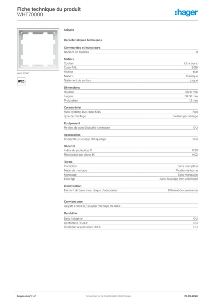 Image Hager Fiche technique du produit WHT70000 | Hager Suisse
