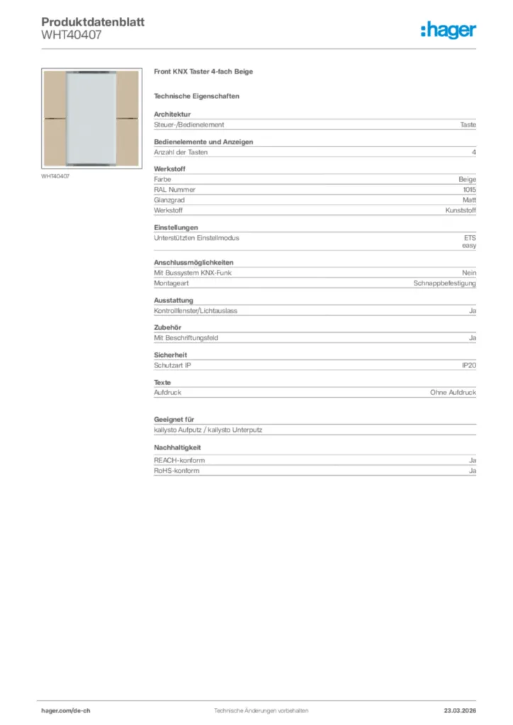 Bild Hager Produktdatenblatt WHT40407 | Hager Schweiz