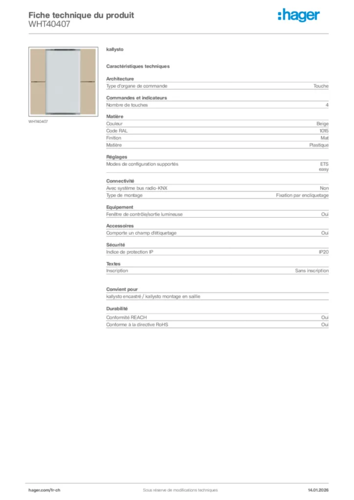 Image Hager Fiche technique du produit WHT40407 | Hager Suisse