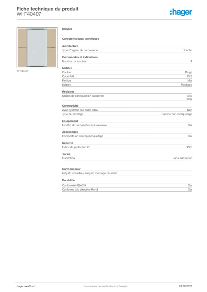 Image Hager Fiche technique du produit WHT40407 | Hager Suisse