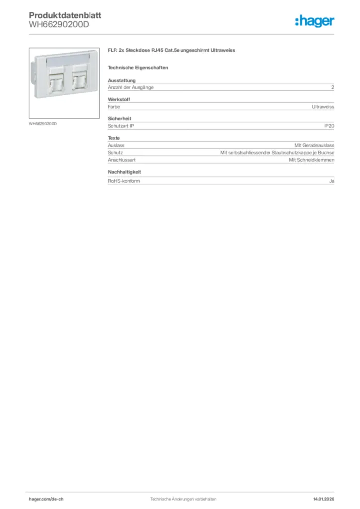 Bild Hager Produktdatenblatt WH66290200D | Hager Schweiz
