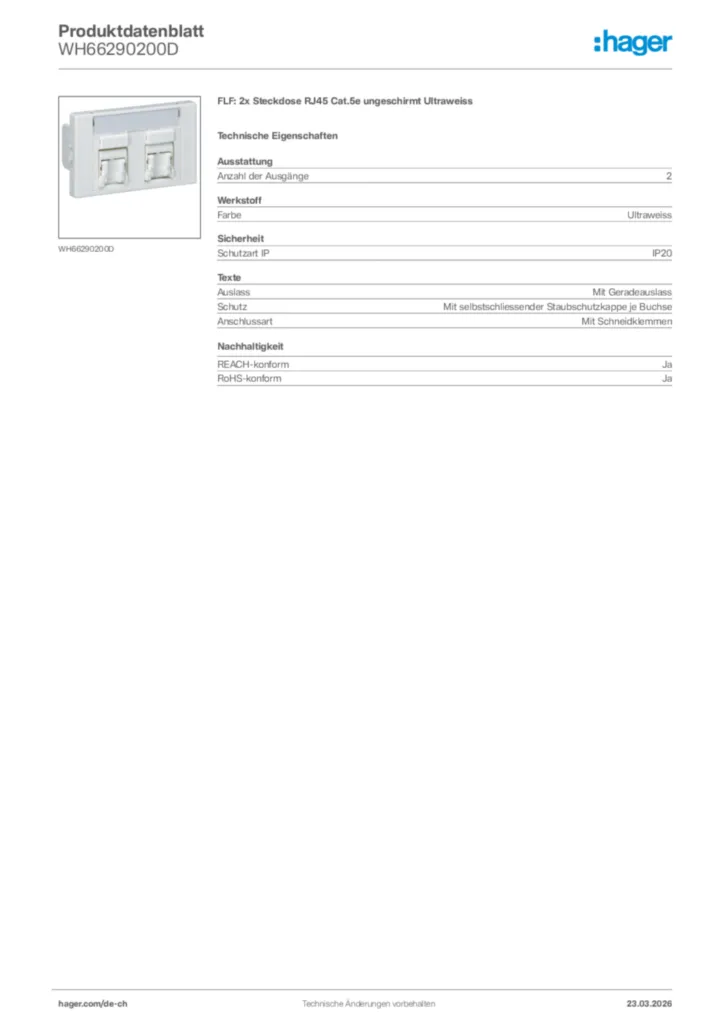 Bild Hager Produktdatenblatt WH66290200D | Hager Schweiz