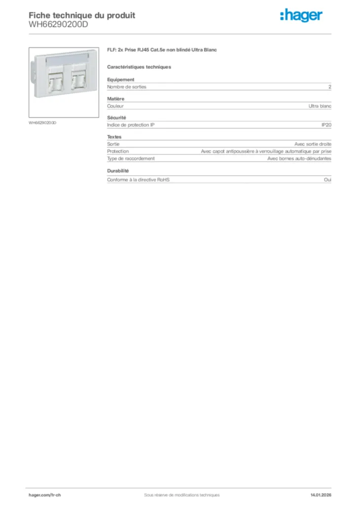 Image Hager Fiche technique du produit WH66290200D | Hager Suisse