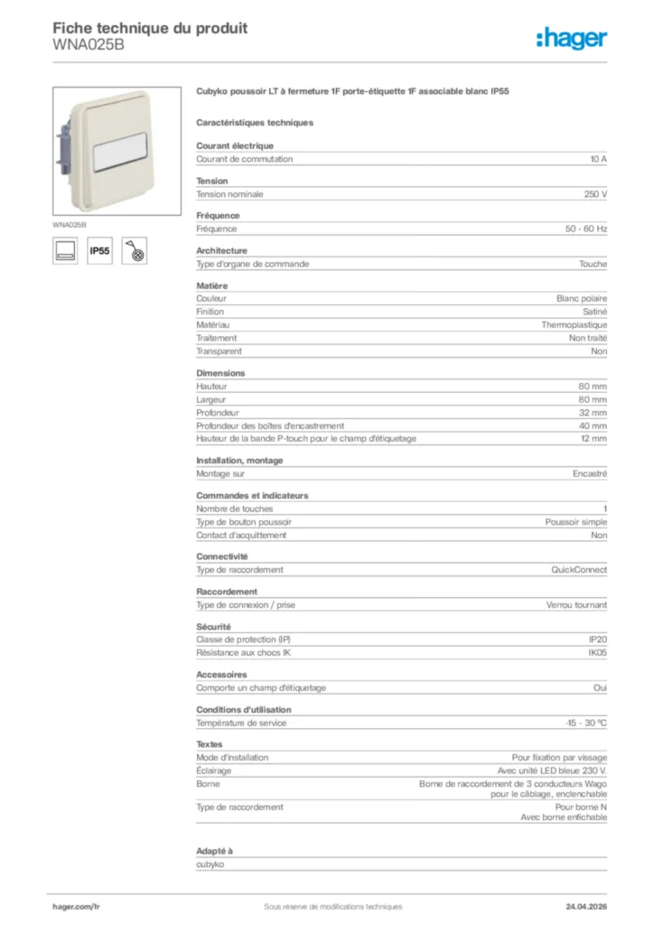 Image Hager Fiche technique du produit WNA025B | Hager France