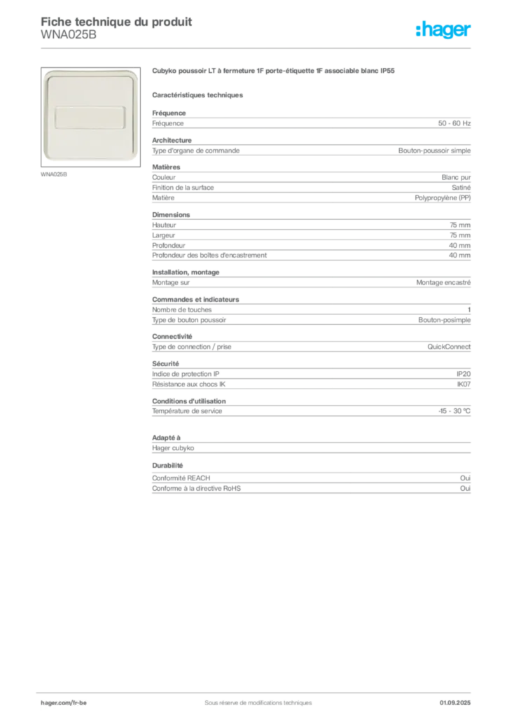 Image Hager Fiche technique du produit WNA025B | Hager Belgique