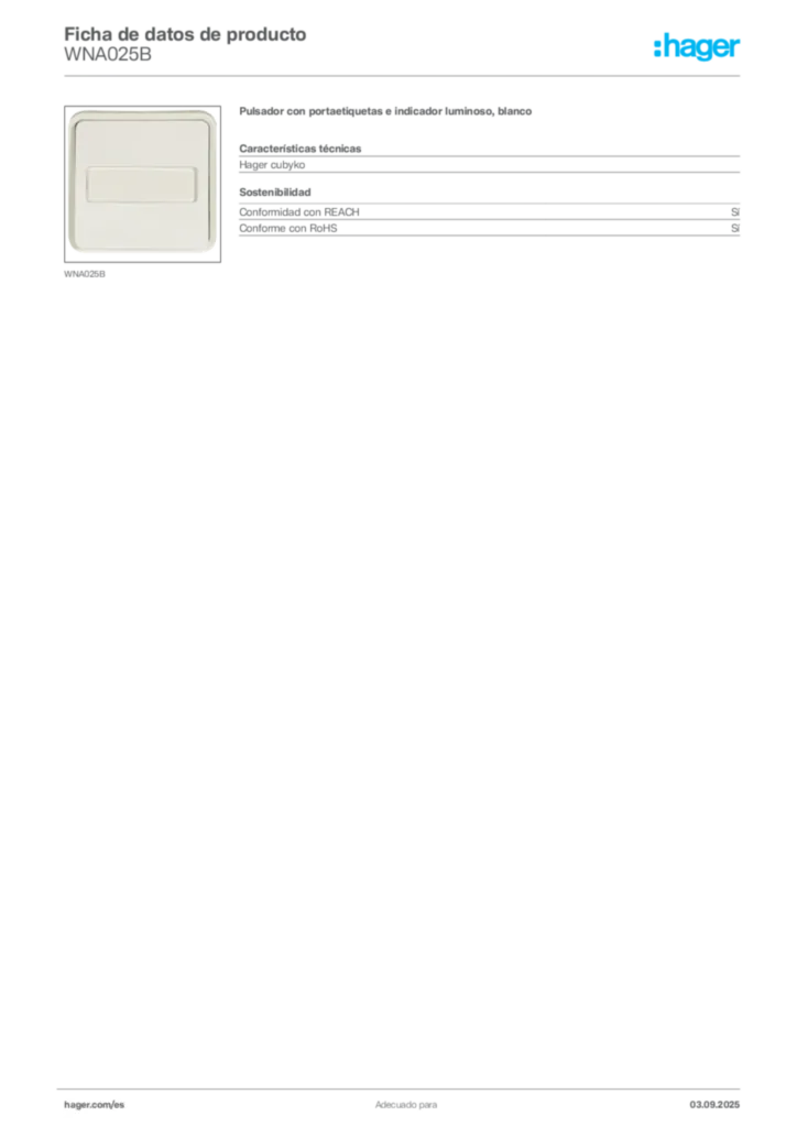 Imagen Hager Ficha de datos de producto WNA025B | Hager España
