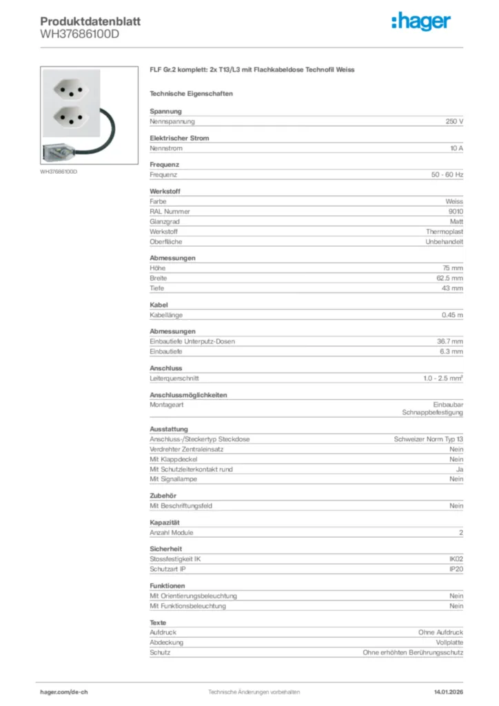 Bild Hager Produktdatenblatt WH37686100D | Hager Schweiz