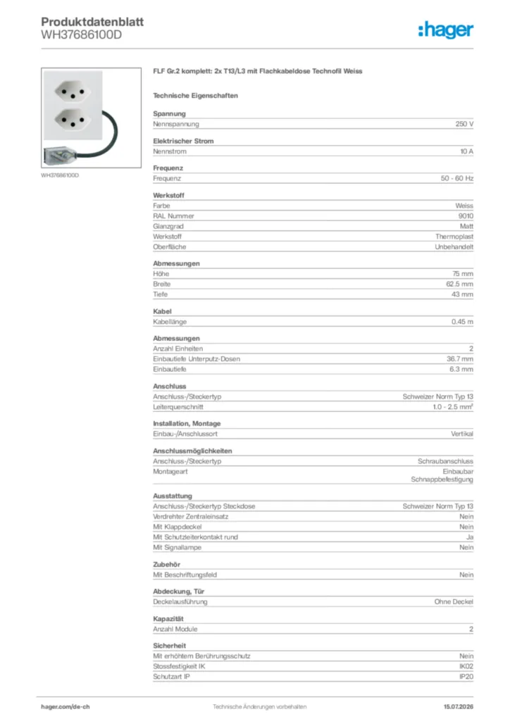 Bild Hager Produktdatenblatt WH37686100D | Hager Schweiz