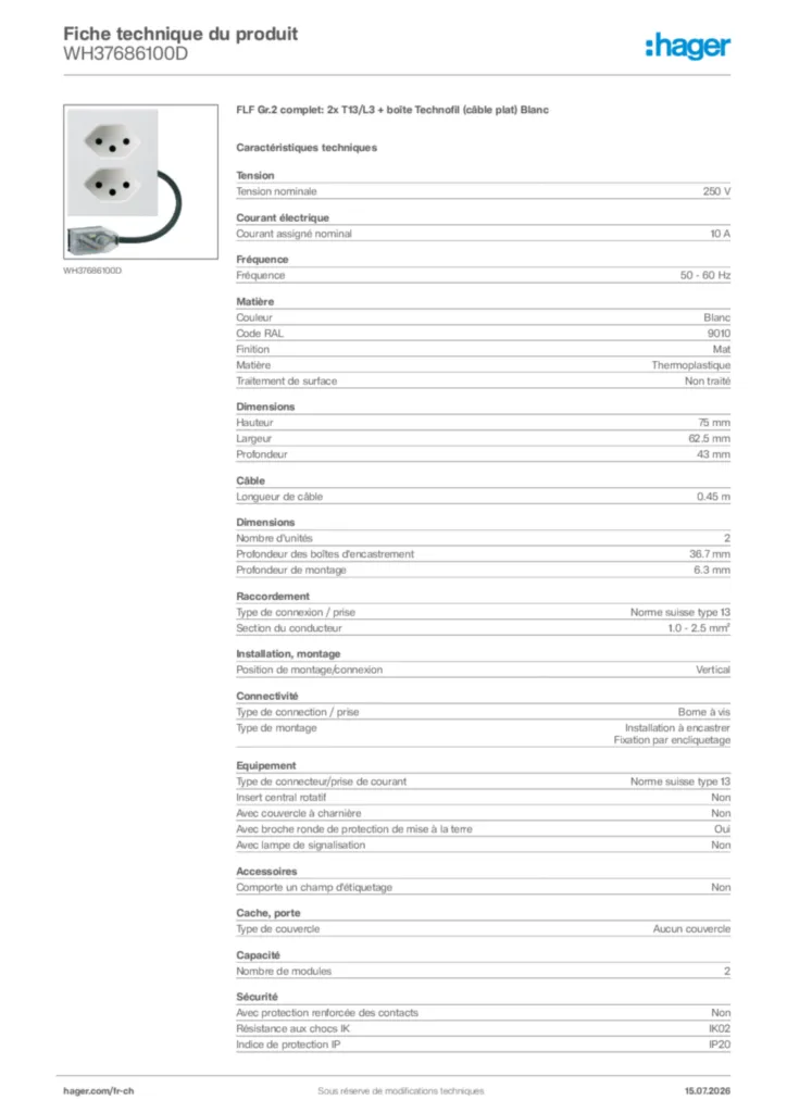Image Hager Fiche technique du produit WH37686100D | Hager Suisse