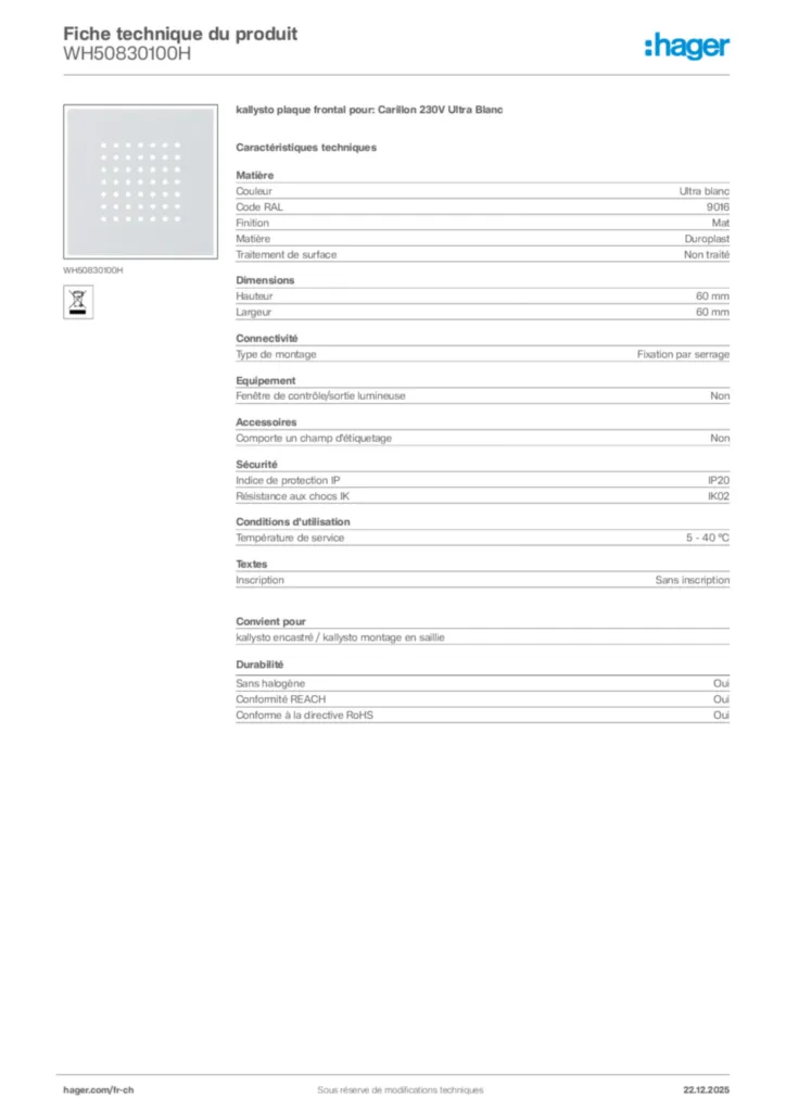 Image Hager Fiche technique du produit WH50830100H | Hager Suisse