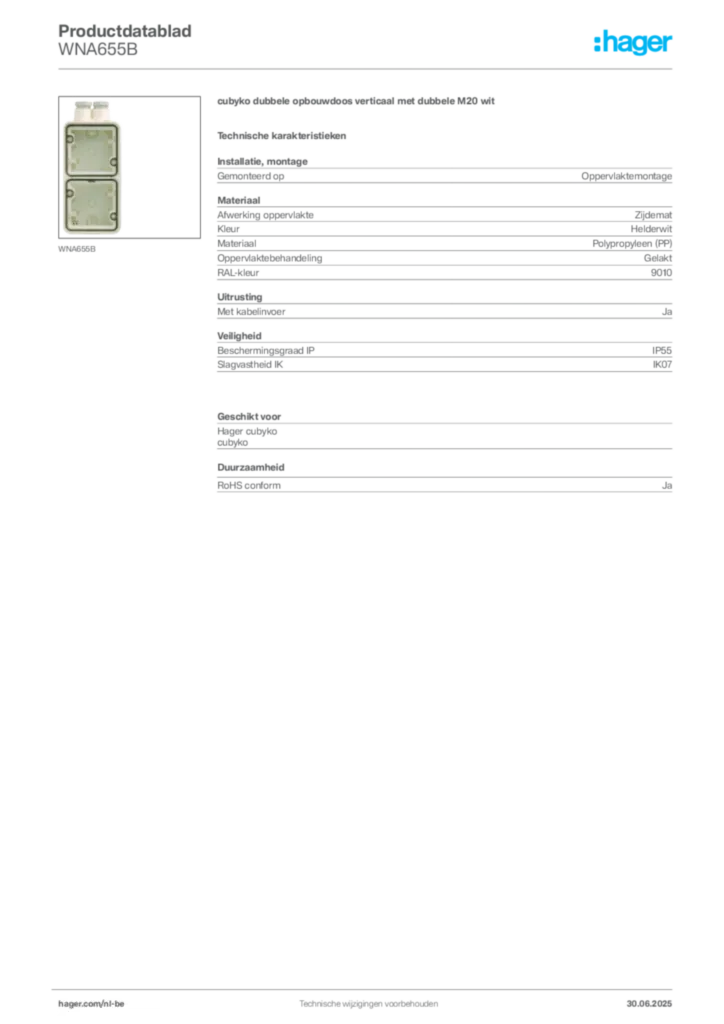 Afbeelding Hager Productdatablad WNA655B | Hager Belgium
