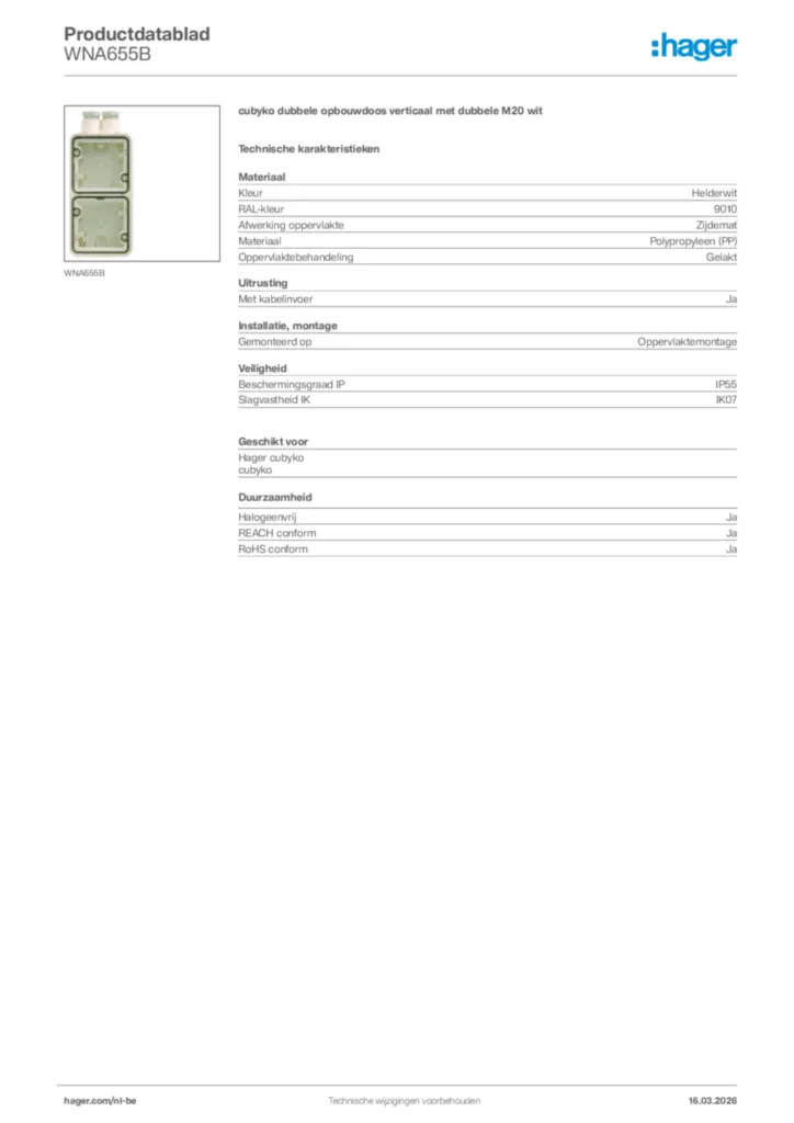 Afbeelding Hager Productdatablad WNA655B | Hager Belgium