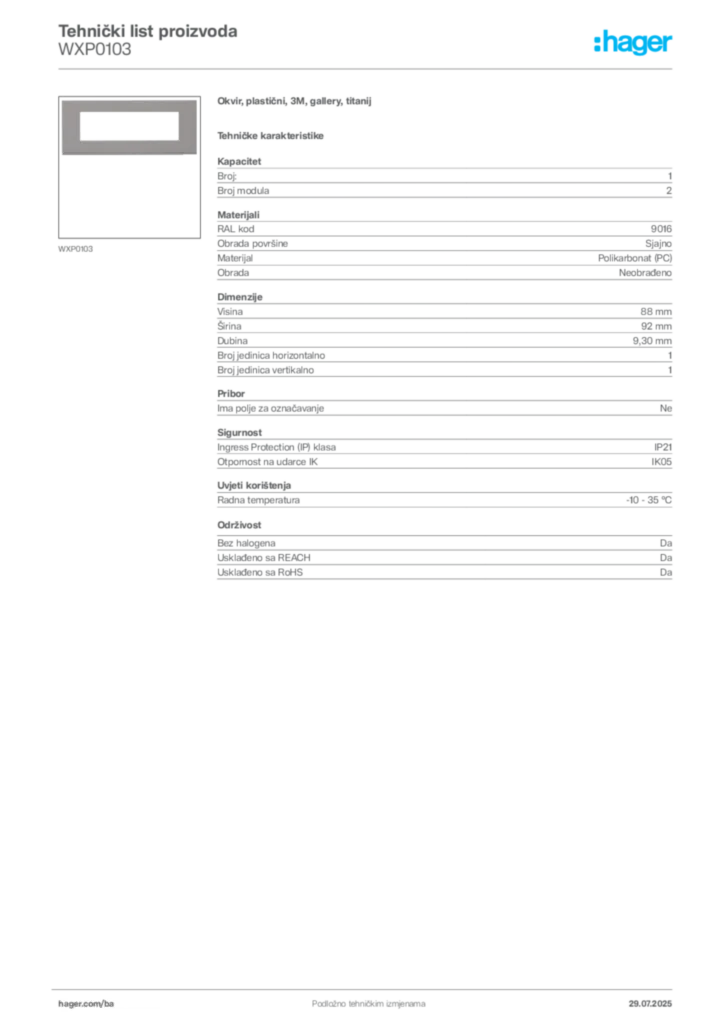 Slika Hager Product data sheet WXP0103  | Hager