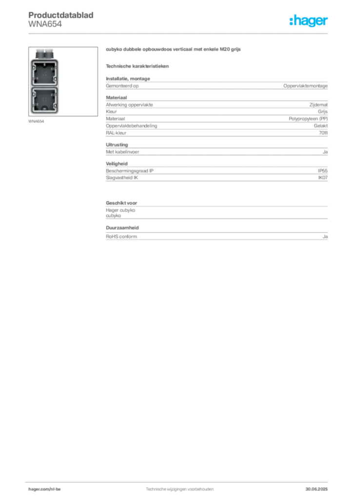 Afbeelding Hager Productdatablad WNA654 | Hager Belgium