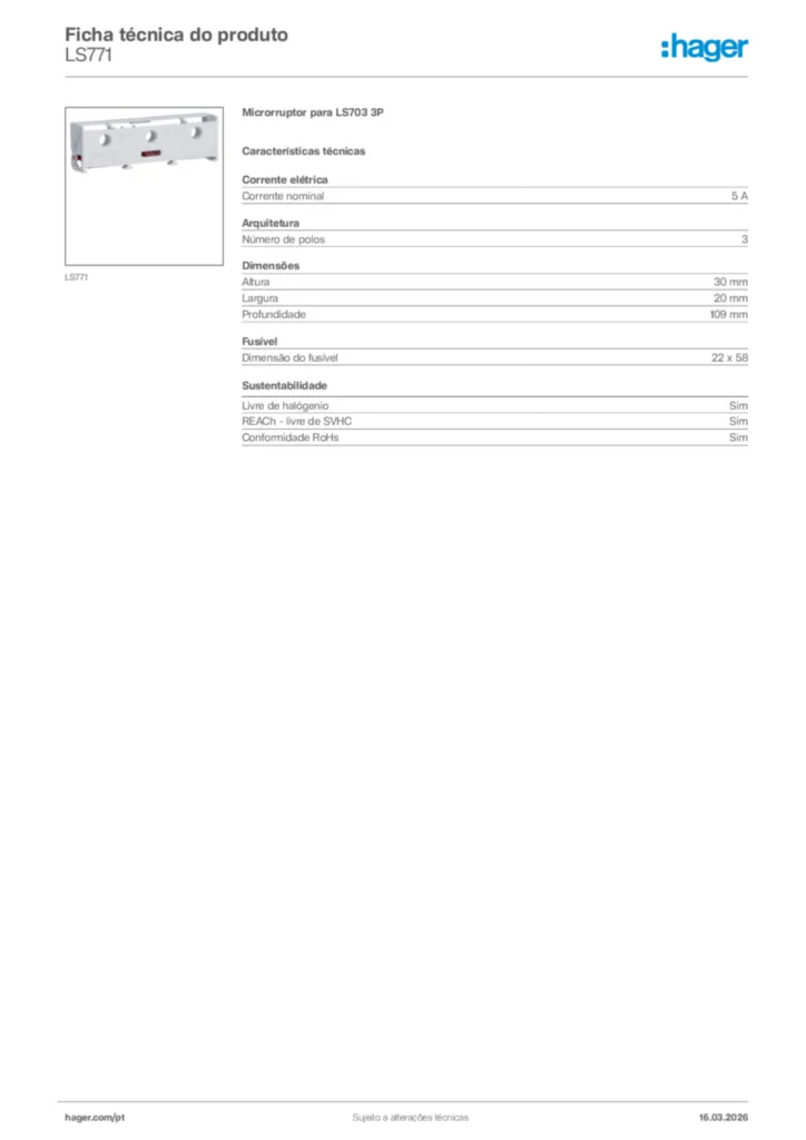 Imagem Hager Ficha técnica do produto LS771 | Hager Portugal