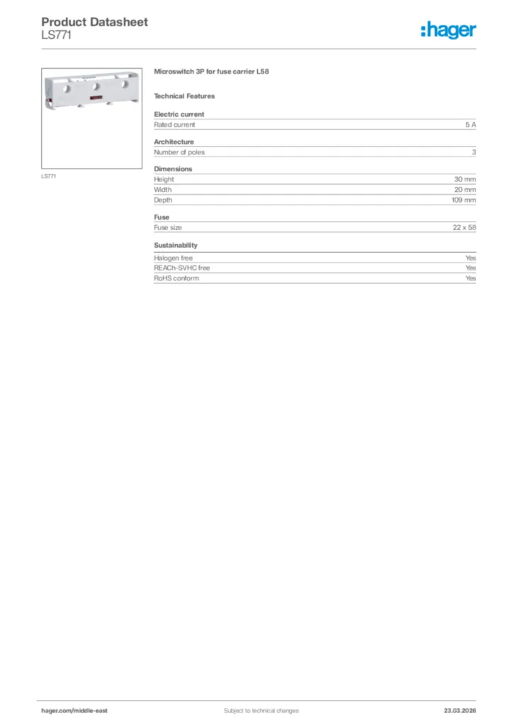 Image Hager Product data sheet LS771  | Hager