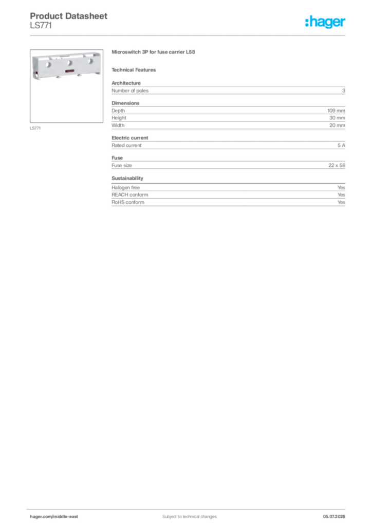 Image Hager Product data sheet LS771  | Hager