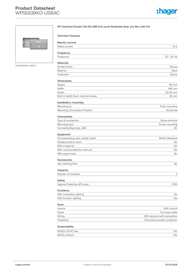 Image Hager Product data sheet WPSS82BKO-USBAC  | Hager