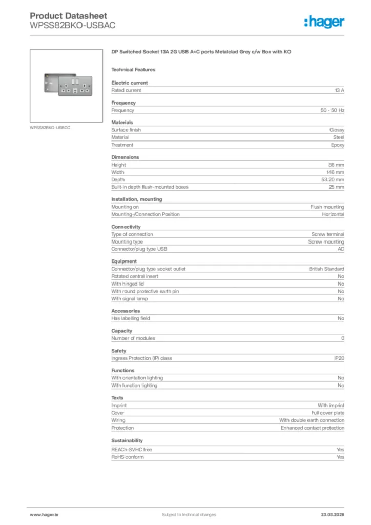 Image Hager Product data sheet WPSS82BKO-USBAC  | Hager