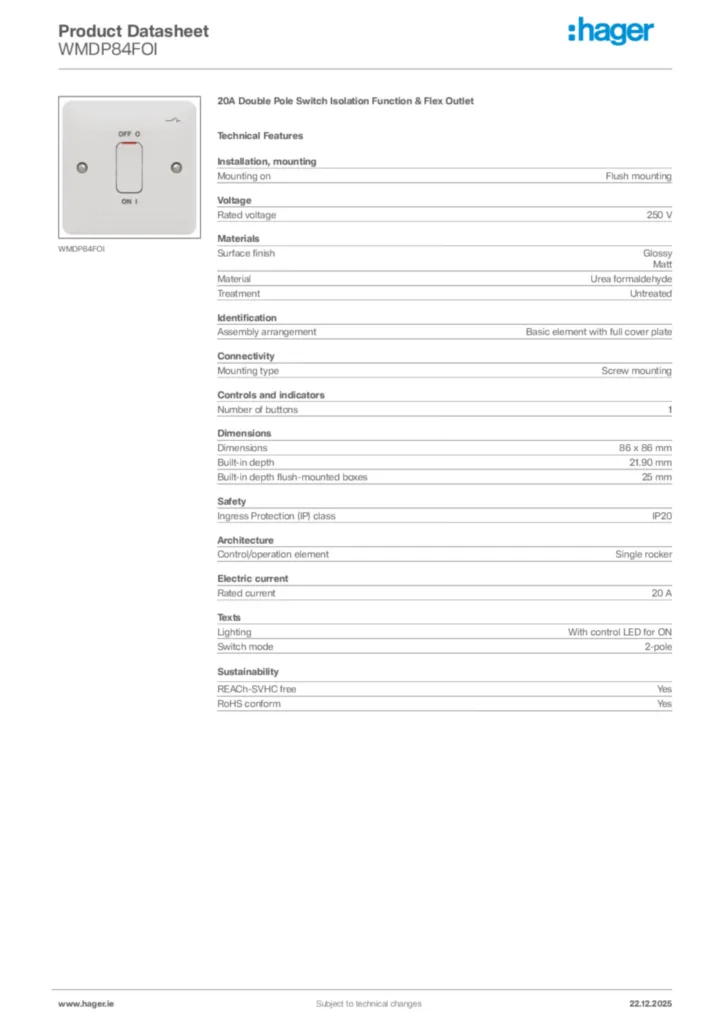 Image Hager Product data sheet WMDP84FOI  | Hager