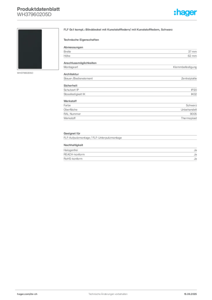 Bild Hager Produktdatenblatt WH37960205D | Hager Schweiz