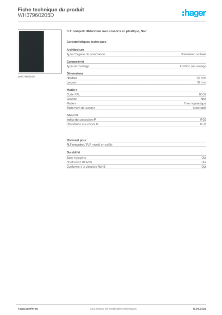 Image Hager Fiche technique du produit WH37960205D | Hager Suisse
