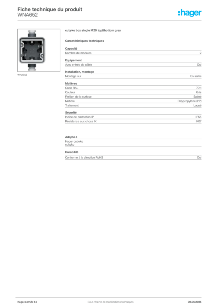 Image Hager Fiche technique du produit WNA652 | Hager Belgique