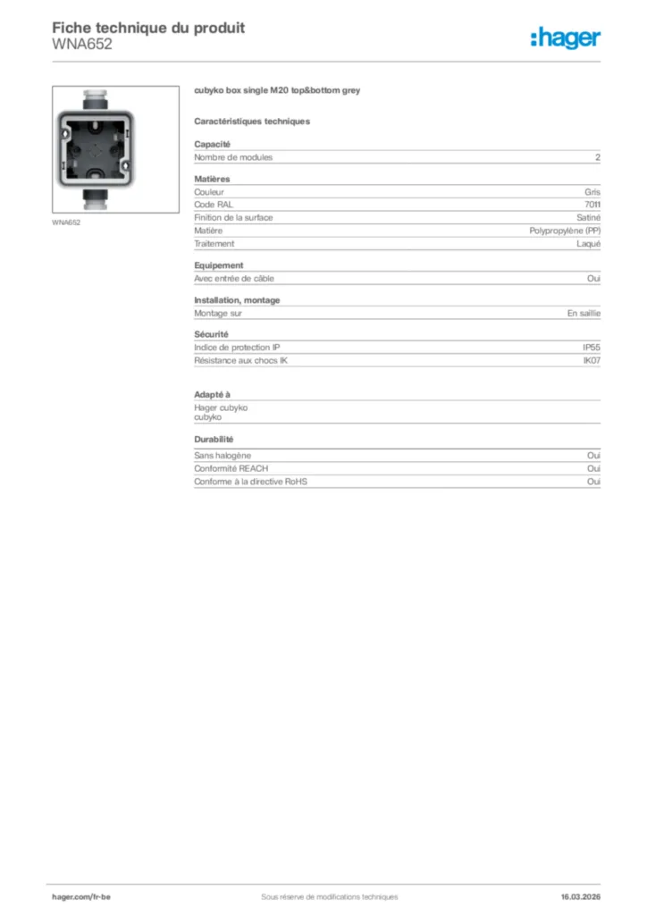 Image Hager Fiche technique du produit WNA652 | Hager Belgique