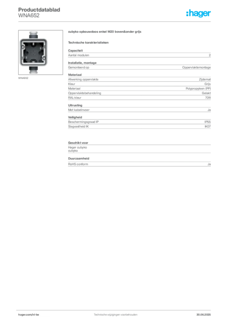 Afbeelding Hager Productdatablad WNA652 | Hager Belgium