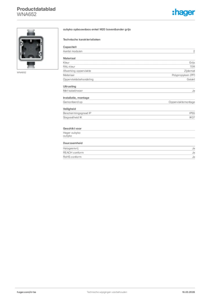 Afbeelding Hager Productdatablad WNA652 | Hager Belgium