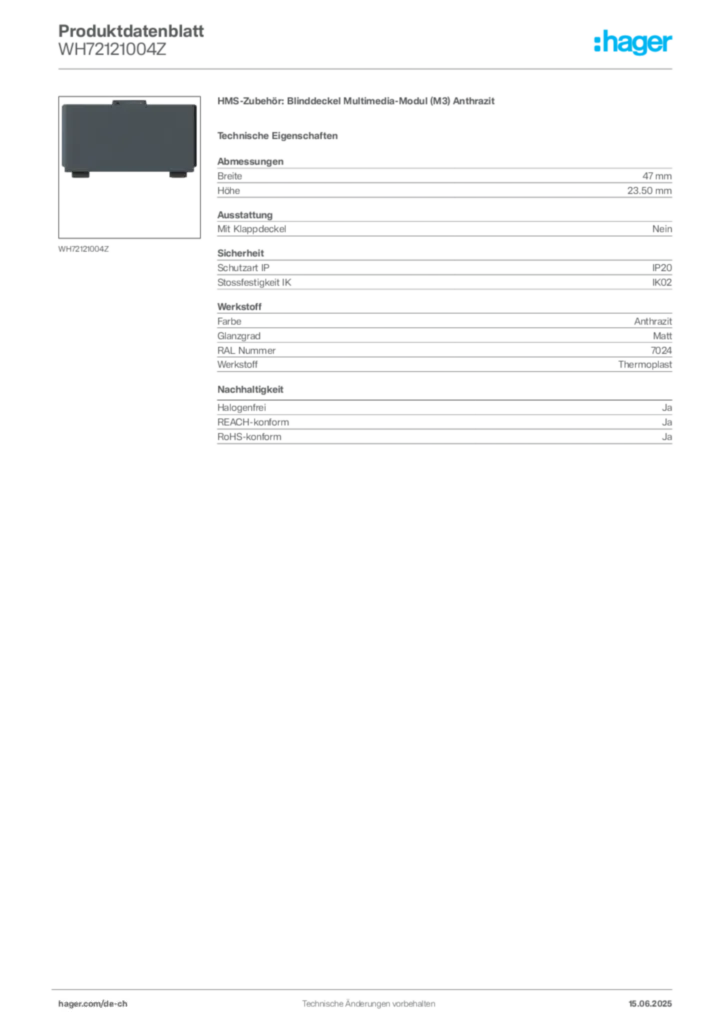 Bild Hager Produktdatenblatt WH72121004Z | Hager Schweiz