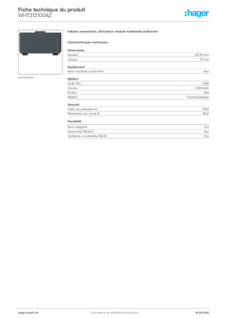Image Hager Fiche technique du produit WH72121004Z | Hager Suisse