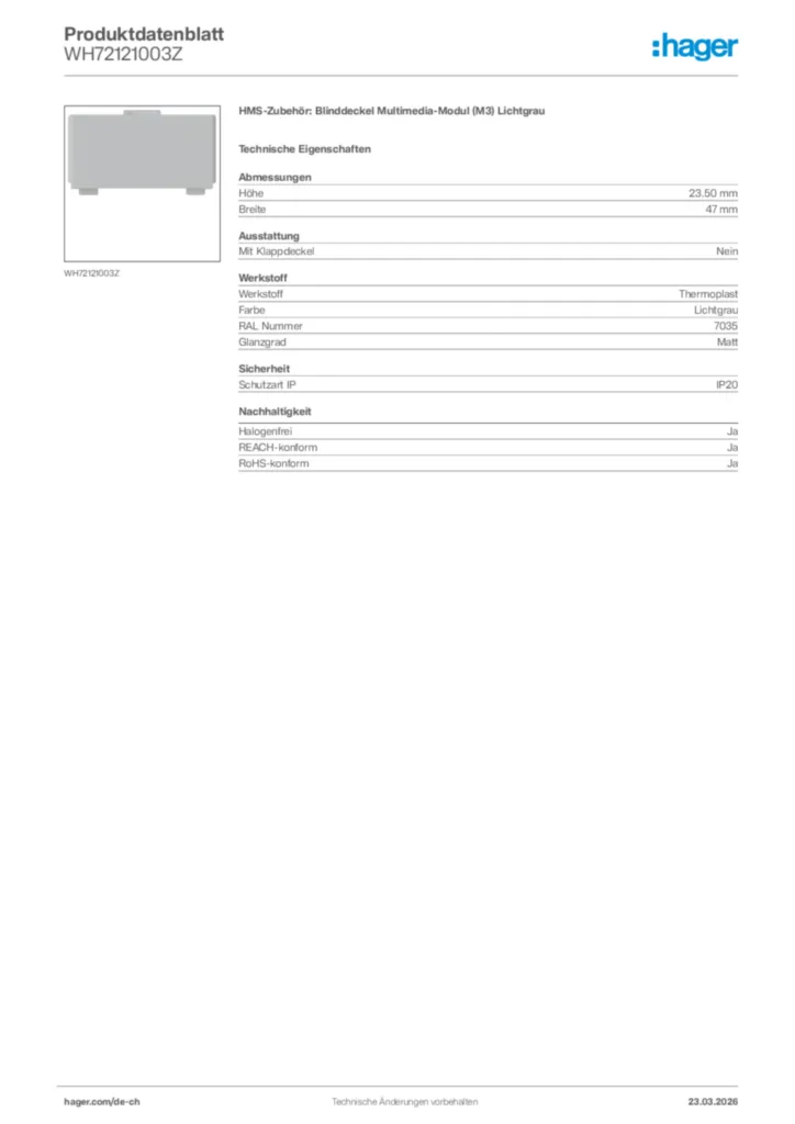 Bild Hager Produktdatenblatt WH72121003Z | Hager Schweiz