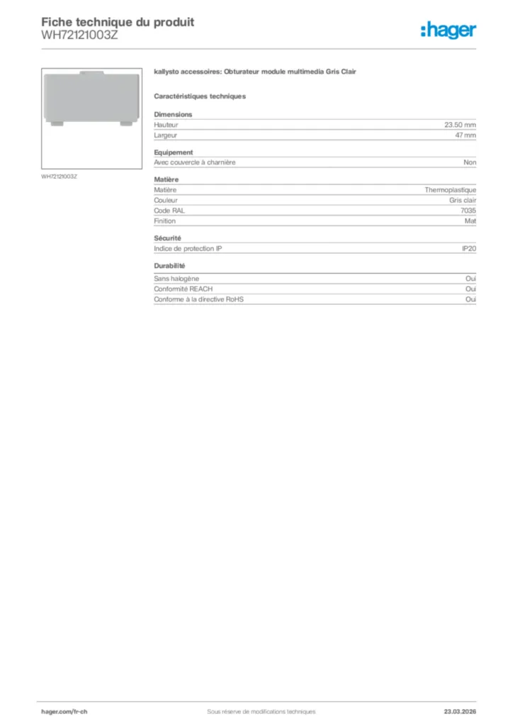 Image Hager Fiche technique du produit WH72121003Z | Hager Suisse