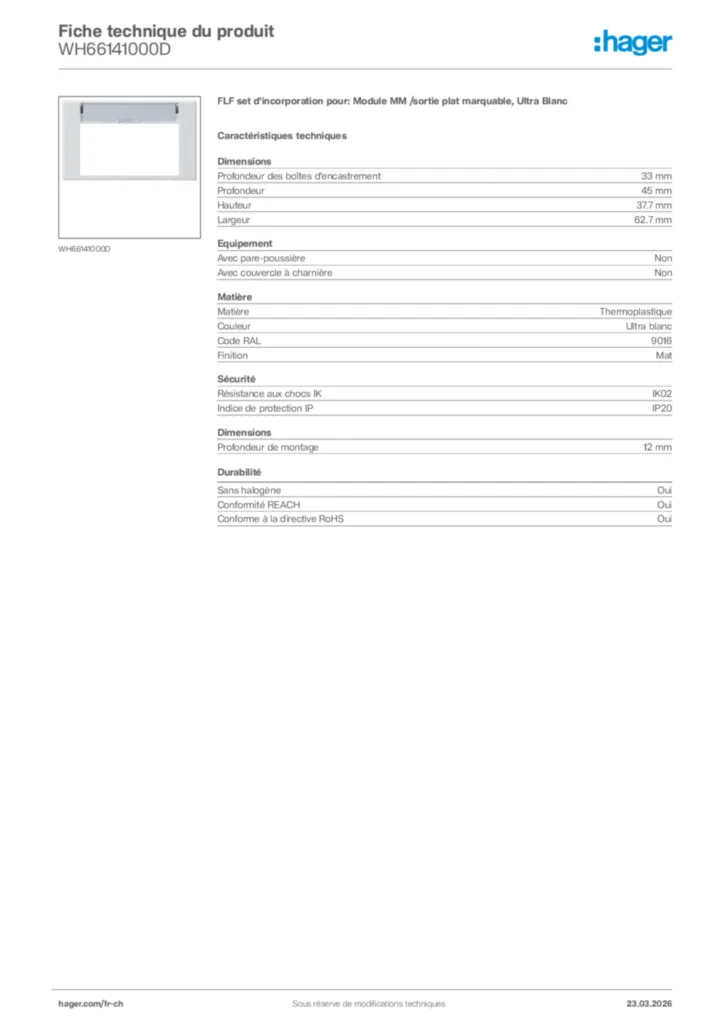 Image Hager Fiche technique du produit WH66141000D | Hager Suisse