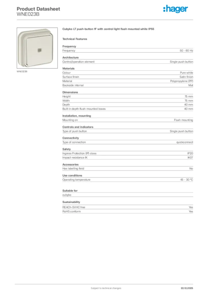 Image Hager Product data sheet WNE023B  | Hager Africa