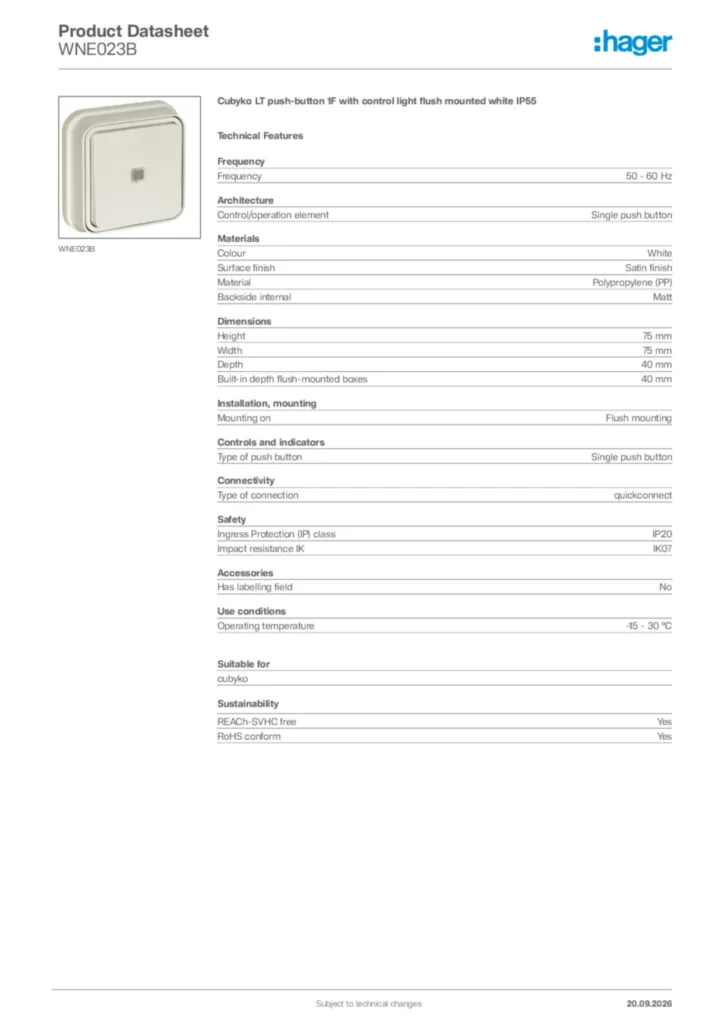 Image Hager Product data sheet WNE023B  | Hager Africa
