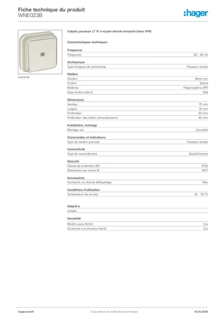 Image Hager Fiche technique du produit WNE023B | Hager France