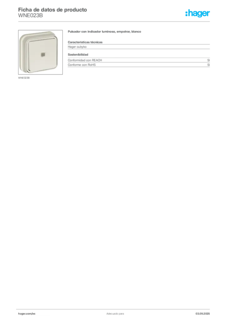 Imagen Hager Ficha de datos de producto WNE023B | Hager España