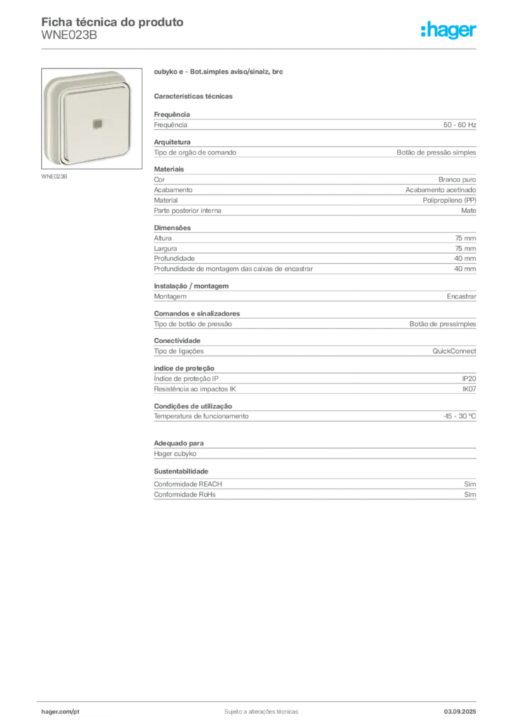 Imagem Hager Ficha técnica do produto WNE023B | Hager Portugal