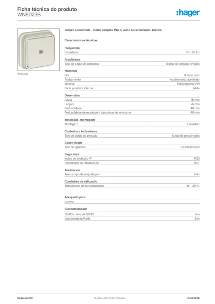 Imagem Hager Ficha técnica do produto WNE023B | Hager Portugal