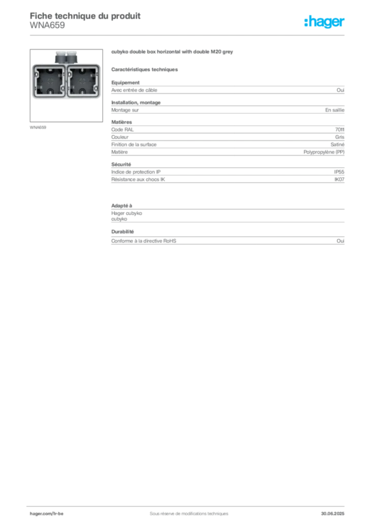 Image Hager Fiche technique du produit WNA659 | Hager Belgique