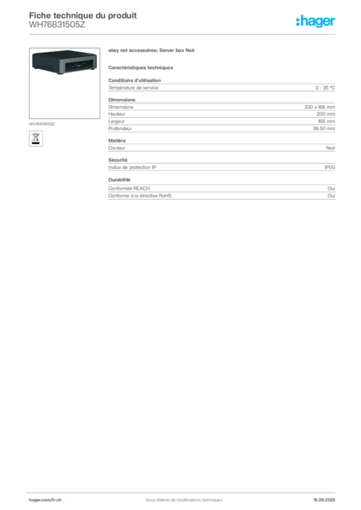 Image Hager Fiche technique du produit WH76831505Z | Hager Suisse