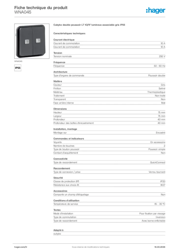 Image Hager Fiche technique du produit WNA045 | Hager France