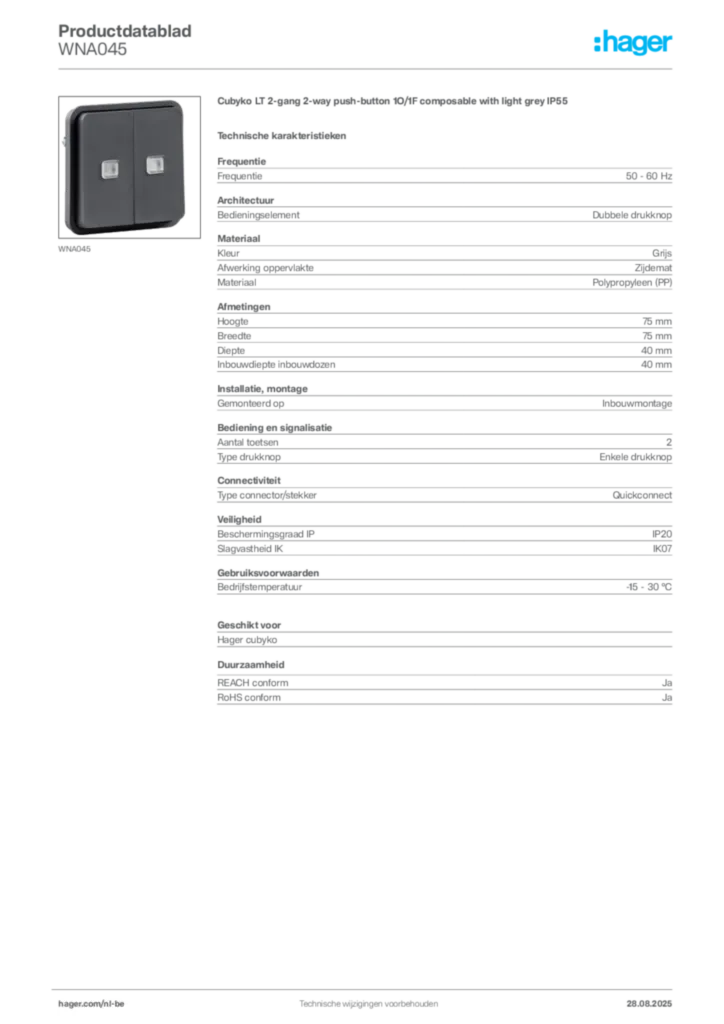 Afbeelding Hager Productdatablad WNA045 | Hager Belgium