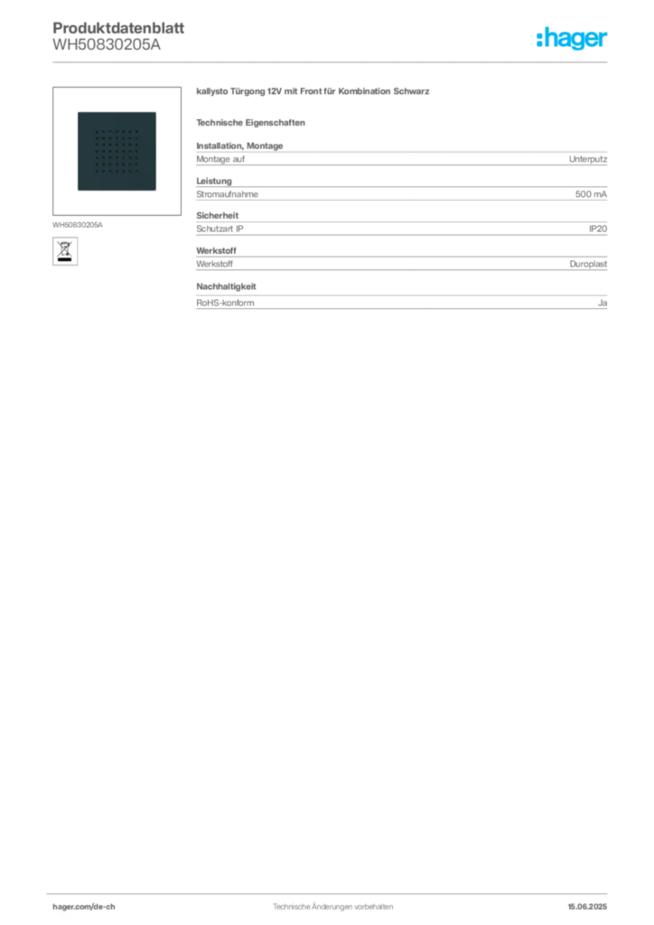 Bild Hager Produktdatenblatt WH50830205A | Hager Schweiz