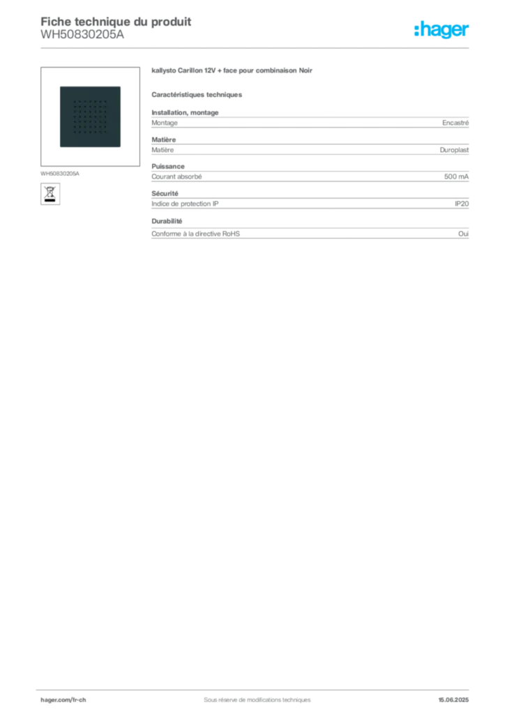 Image Hager Fiche technique du produit WH50830205A | Hager Suisse