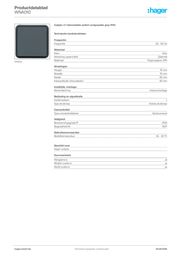 Afbeelding Hager Productdatablad WNA010 | Hager Belgium